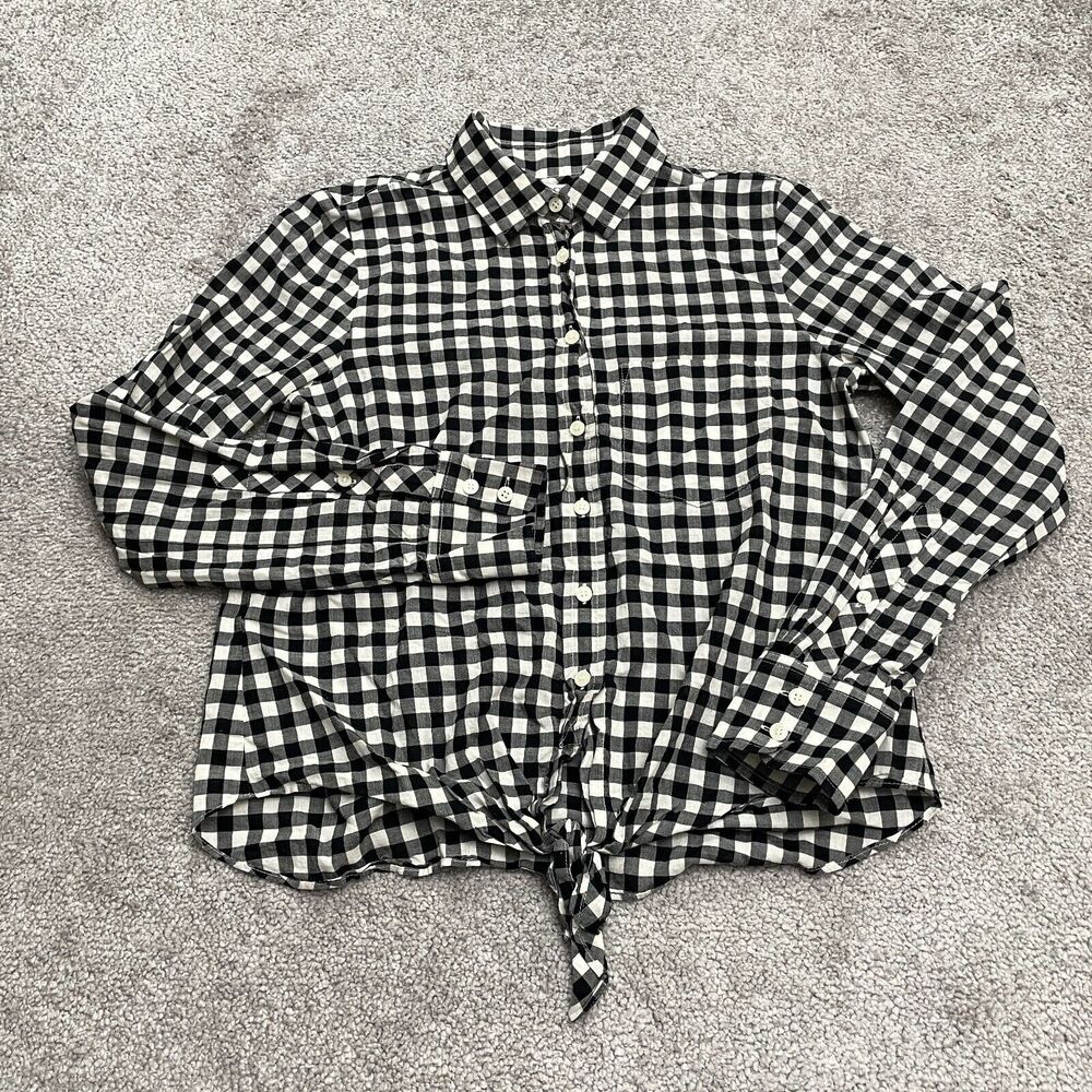 J.Crew Button Down Front Knot Shirt Womens XXS Black White Check Long Sleeve Top